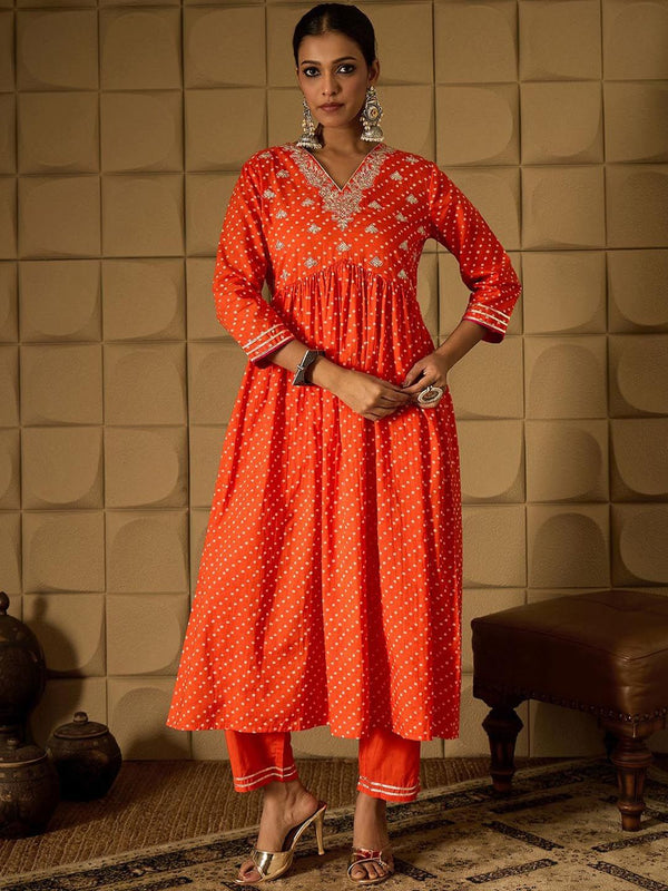Indo Era Bandhani Embroidered Empire Sequined A-Line Pure Cotton Kurta With Trousers