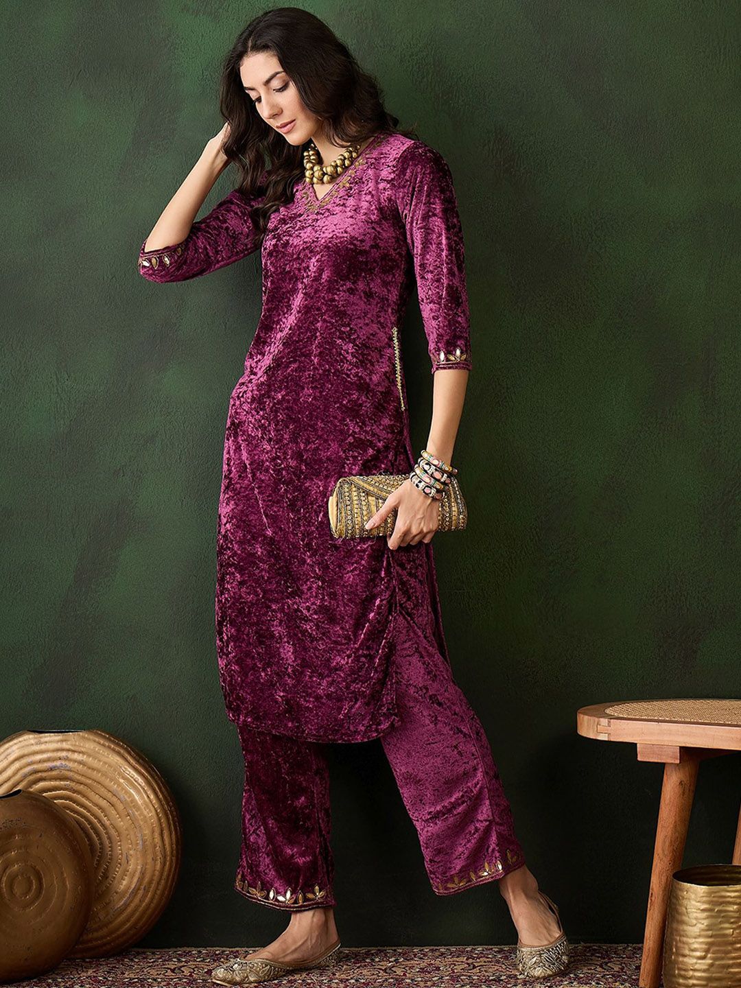 Sangria Embroidered Straight Velvet Kurta