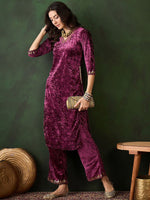 Thumbnail for Sangria Embroidered Straight Velvet Kurta