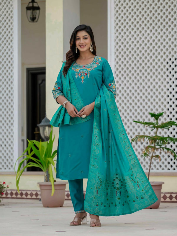 Preksha Creation Wedding Special Premium Roman Silk Coding Embroidery With Sequins Work Kurti Dupatta With Pant