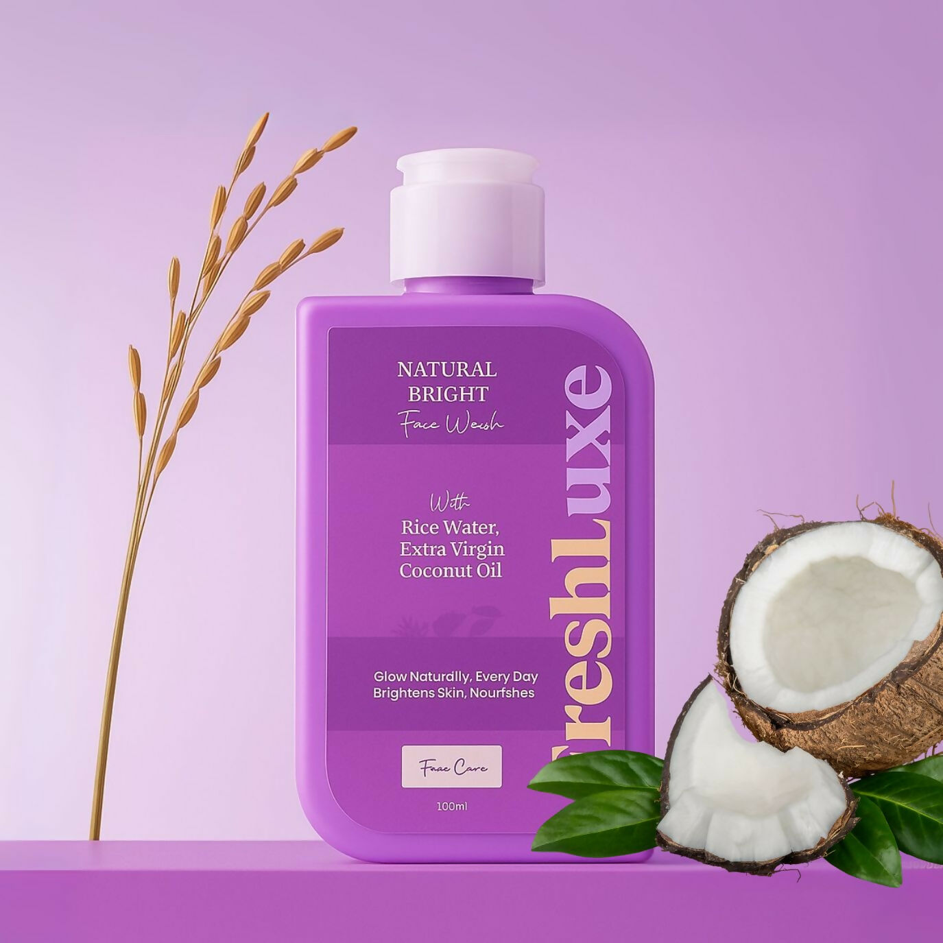 FreshLuxe Natural Bright Face Wash For Cleansing & Brightening Glass Skin with Rice Water & Extra Virgin Coconut Oil