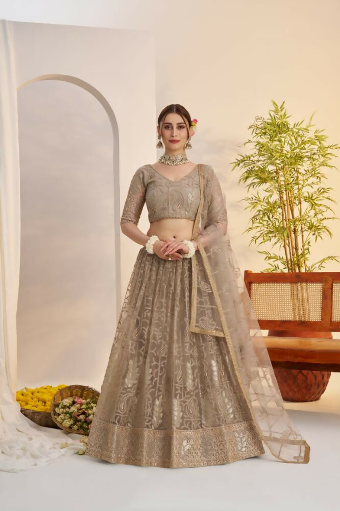 Aastha Fashion Metallic Gray Butterfly Net Tone To Tone Cotton Thread Work And Sequence Work Embroidery Wedding Wear Lehenga Choli - Distacart