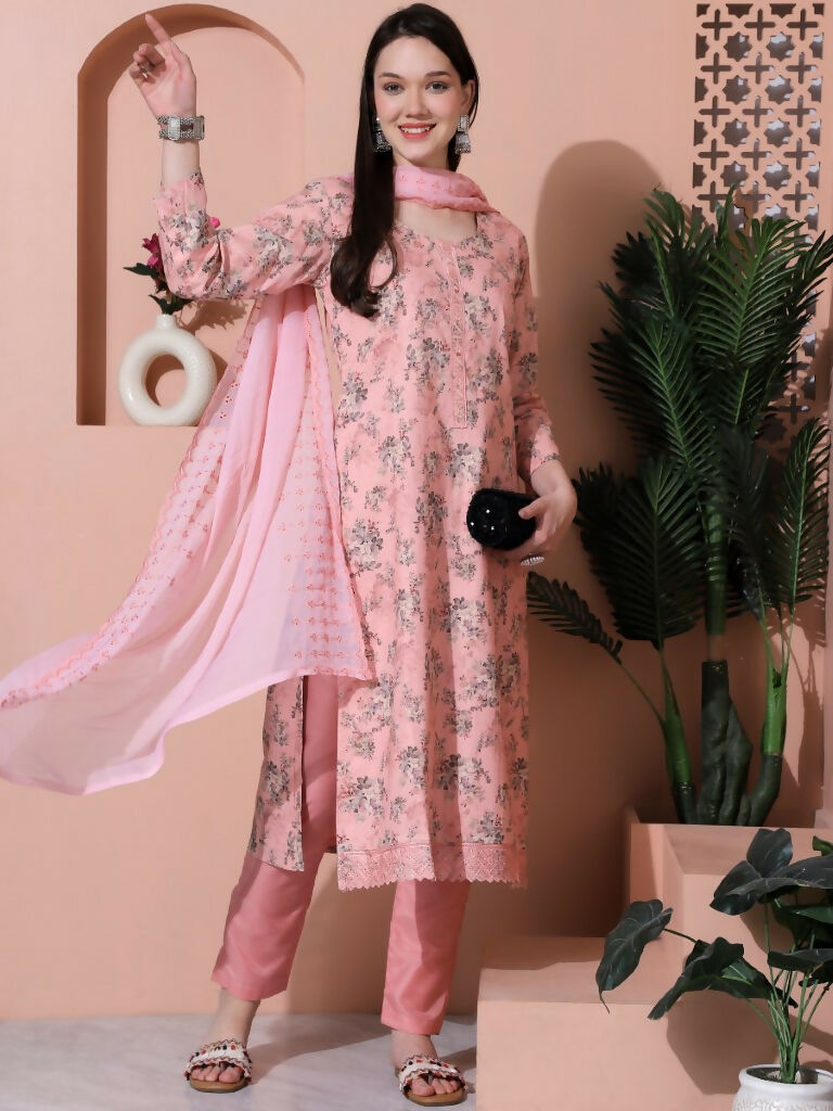 Jyoti Fashion Women's Pink Cotton Floral Digital Printed Kurta with Trouser & Dupatta - Distacart