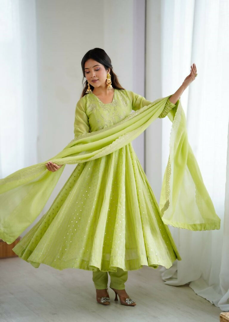 Teeya Creation Pista Green Color Heavy Crunchy Silk Embroidery Work Gown
