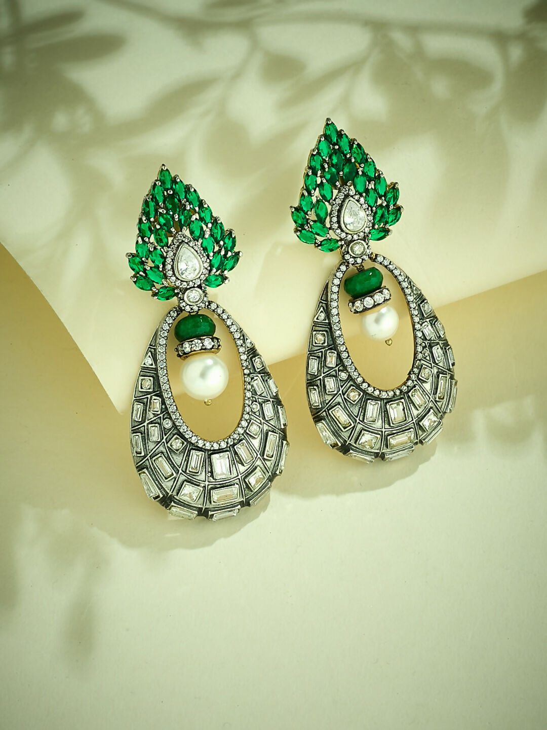Nuyug 22K Gold-Plated Zircon Studded & Pearl Teardrop Shaped Dangler Earrings