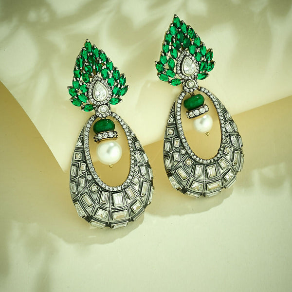 Nuyug 22K Gold-Plated Zircon Studded & Pearl Teardrop Shaped Dangler Earrings