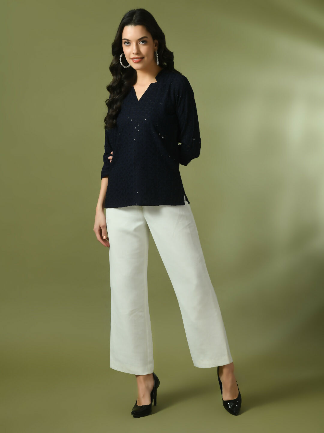Myshka Women's Navy Blue Embellished Cotton Regular Party Tunic - Distacart