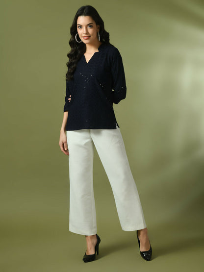 Myshka Women's Navy Blue Embellished Cotton Regular Party Tunic - Distacart