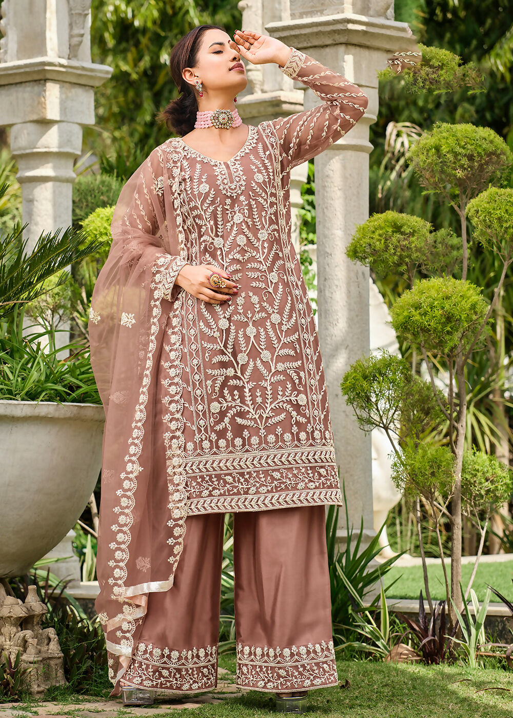 Copper Brown Stone & Cording Work Festive Palazzo Suit - Emponline - Distacart