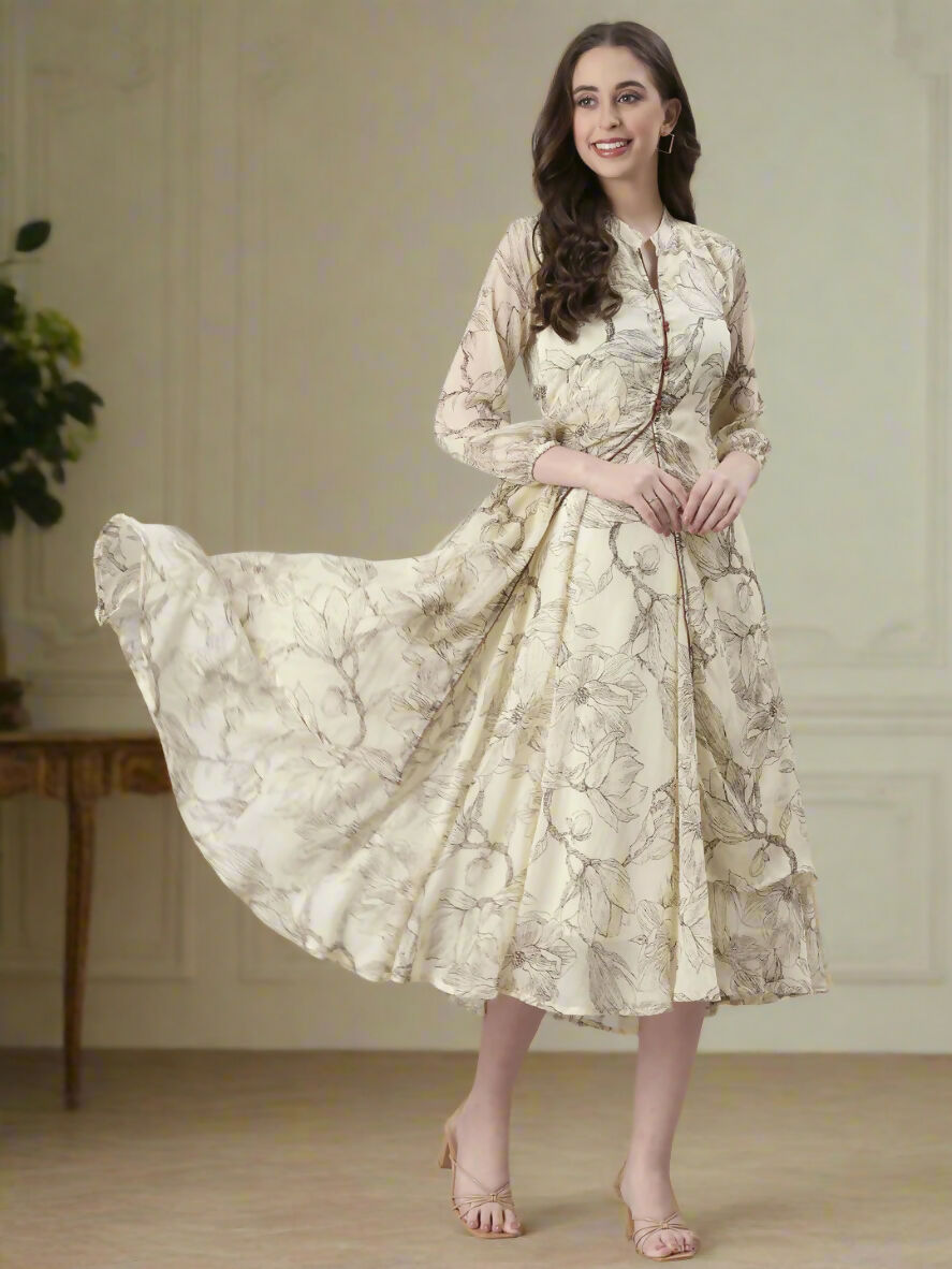 Souchii Floral Tiered Midi Dress For Women – Elegant Beige Button-Front A-Line