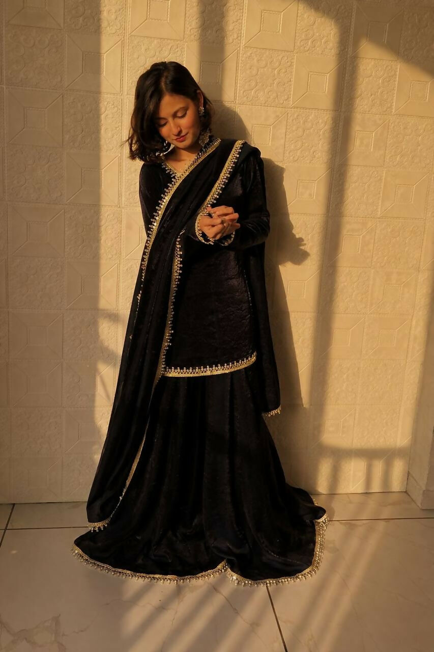 Teeya Creation Womens New Trending Less and Mirror Work Kurta Palazzo Set - Black - Dista