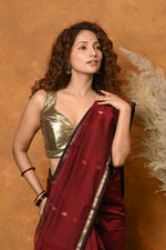 Thumbnail for Very Much Indian Handloom Pure Cotton Silk Saree With Sleek Golden Border - Maroon - Distacart