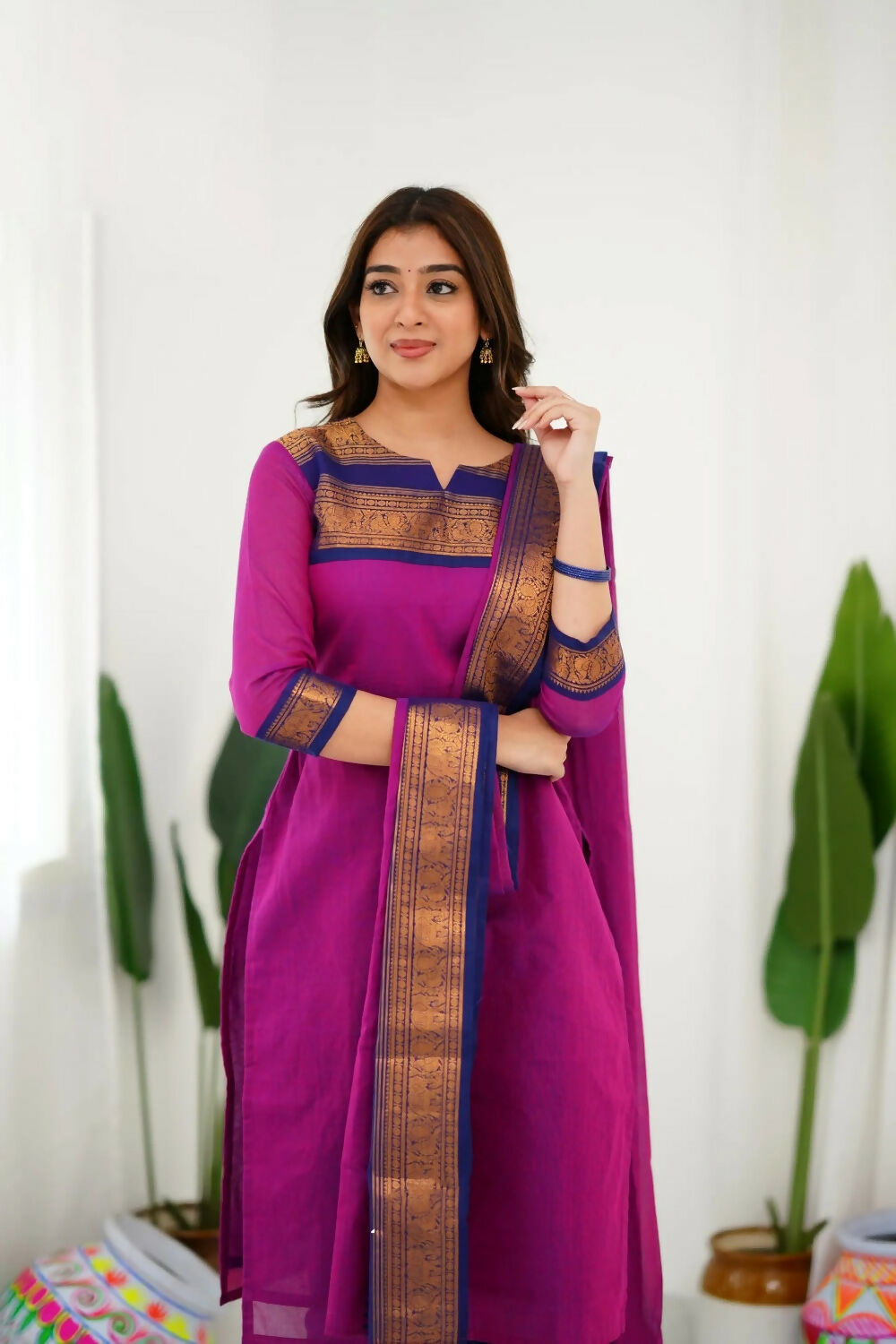 Divine Drape Women's Cotton Printed Straight Kurta With Dupatta - Pink