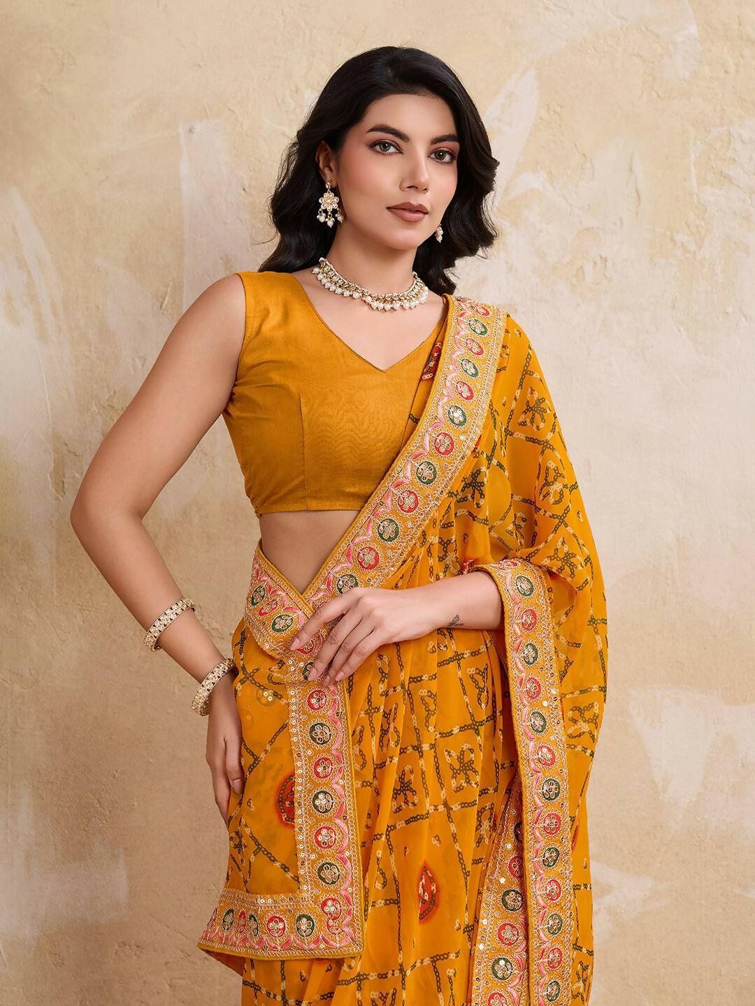 Teeya Creation Womens Stylish Simply Wedding Wear Georgette Saree-Yellow - Dista