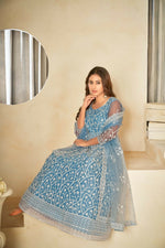 Thumbnail for Jyoti Fashion Women's Sky Blue Net Embroidered Anarkali Kurta Pant Set With Dupatta - Distacart