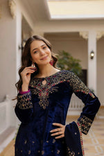 Thumbnail for Teeya Creation Blue Color Pure Velvet Embroidery Work Wedding Wear Salwar Suit - Distacart