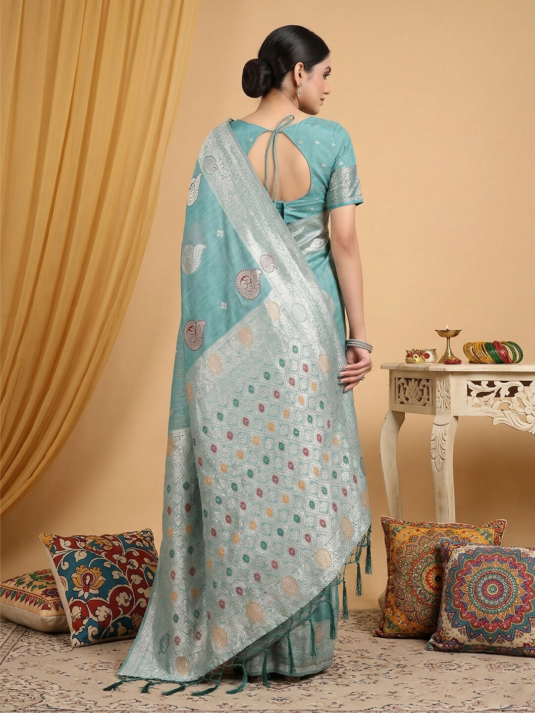 Shree Shyam Fashion Sea Green Linen Cotton Saree - Distacart