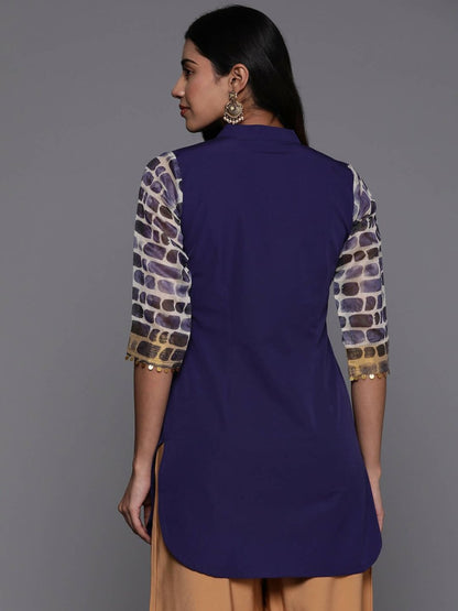 Ahalyaa Blue & Gold-Toned Mandarin Collar Printed Tunic - Blue Color - Distacart
