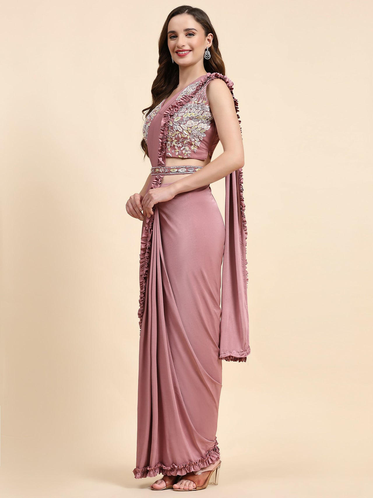 Pink Lycra Solid Ready to wear Saree with stitched Blouse - Vanita - Distacart