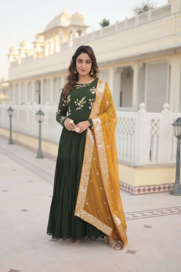 Aastha Fashion Women's Bottle Green Faux Georgette Sequins Embroidered Anarkali Dress with Dupatta - Distacart