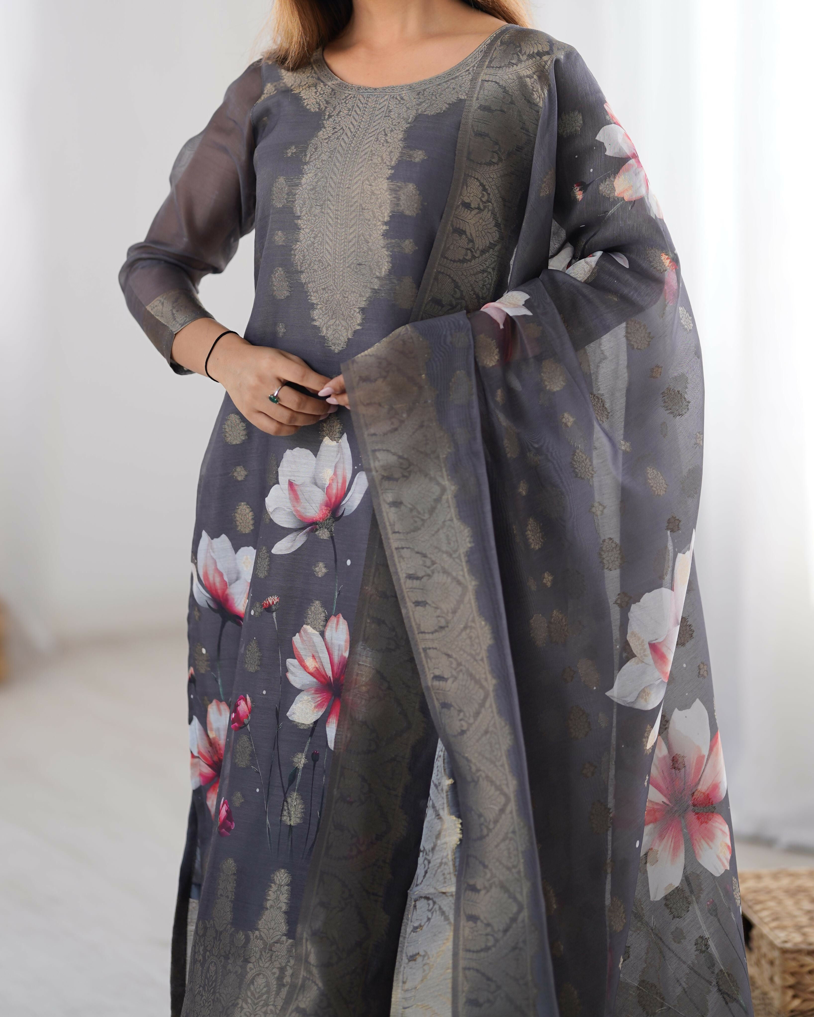 Joban Fashion grey Kurta set with Pant Chanderi Thread with Sequins work