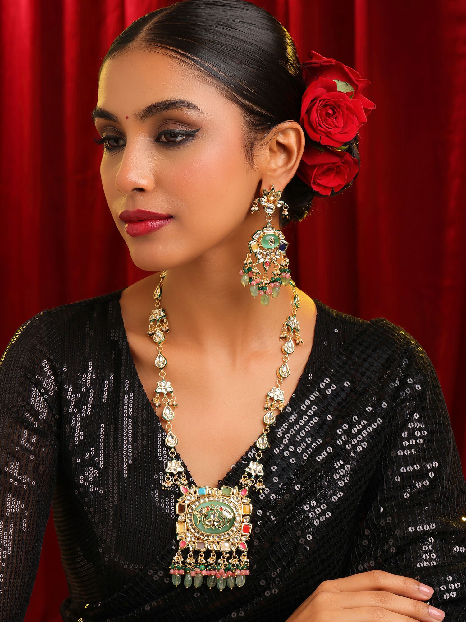Ruby Raang Kundan Haar With Matching Earrings - Distacart