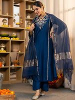 Thumbnail for The52 Women's Beautiful Viscose Silk Fabric Embroidery Work A-Line Kurta Pant and Dupatta Set - Distacart