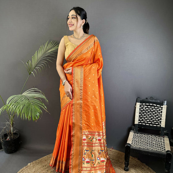 Joban Fashion Orange Butti Woven Soft Lichi Silk Paithani Saree - Distacart
