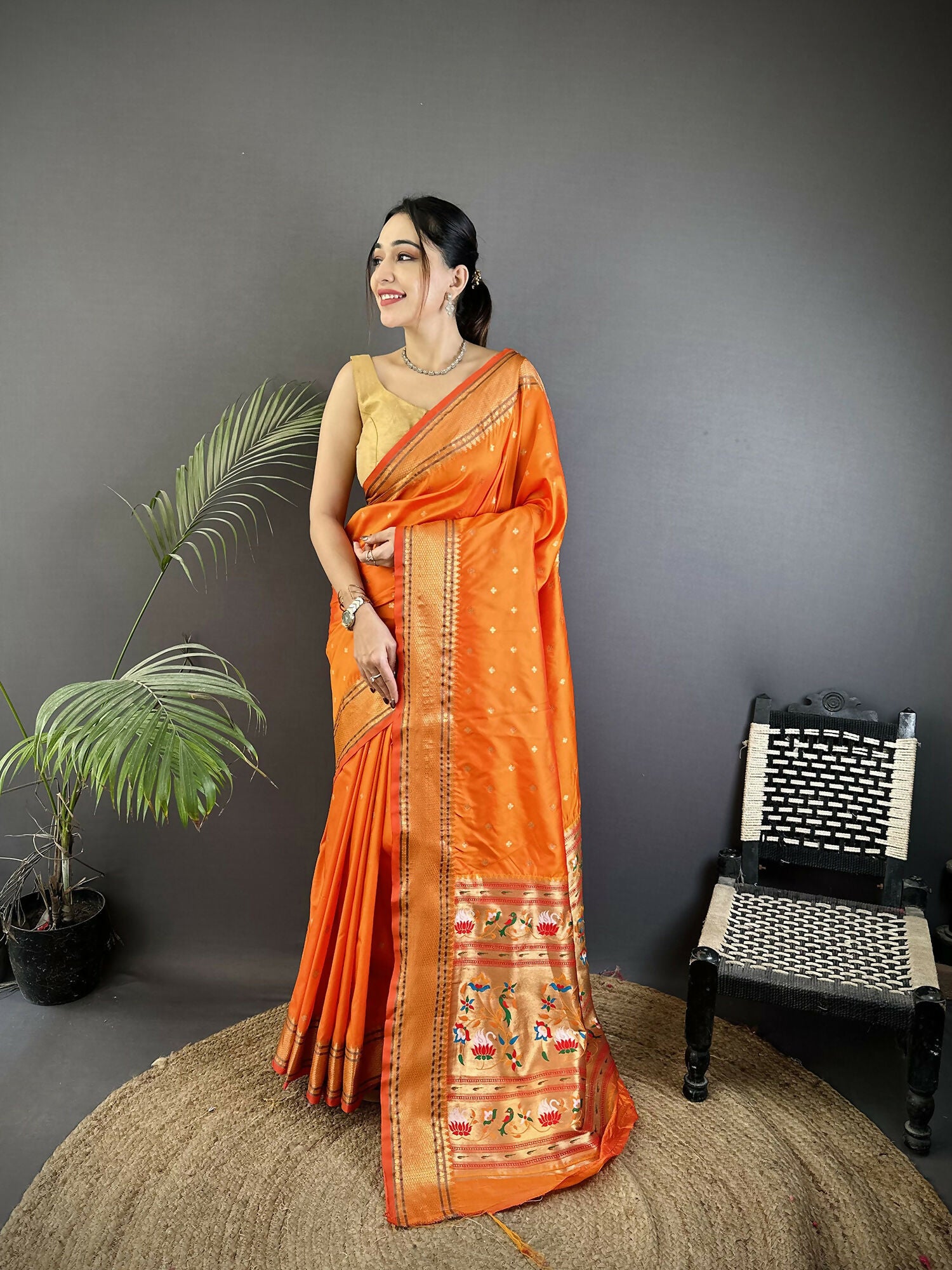Joban Fashion Orange Butti Woven Soft Lichi Silk Paithani Saree - Distacart