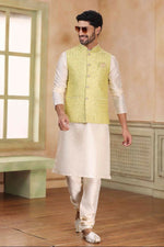 Thumbnail for Raivat Ethnic Jacquard Banarasi Silk Woven Work 3 Pics Jacket Set In Lemon Colour - Distacart