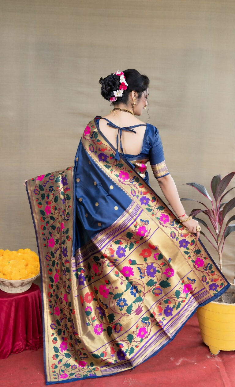 Jyoti Fashion Women's Navy Blue Paithani Silk Zari Woven Saree with Blouse - Distacart