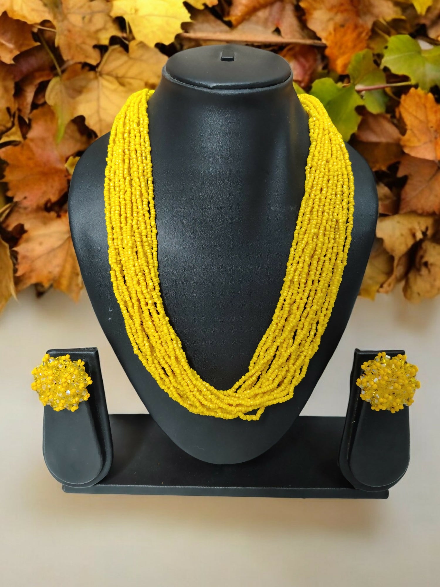 Inhanns Vibrant Handmade 20 Layers Beaded Necklace With Matching Earrings - Yellow - Distacart