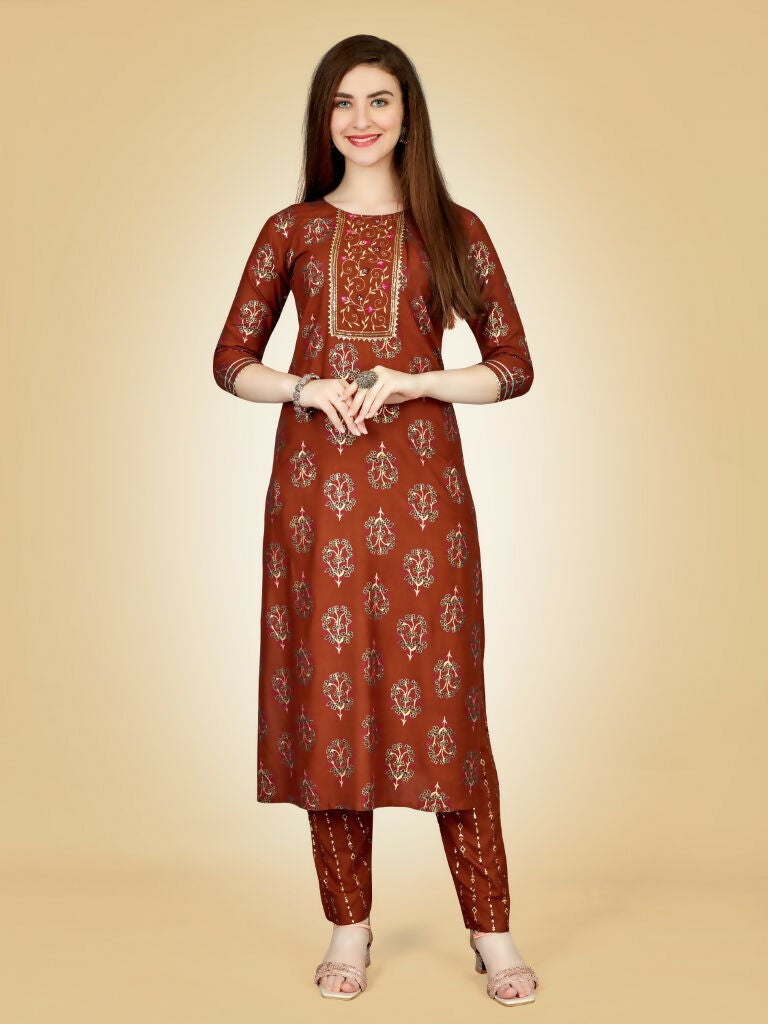 Jyoti Fashion Women's Rust Viscose Rayon Embroidered Kurta Pant Set - Distacart