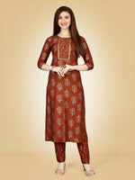 Thumbnail for Jyoti Fashion Women's Rust Viscose Rayon Embroidered Kurta Pant Set - Distacart