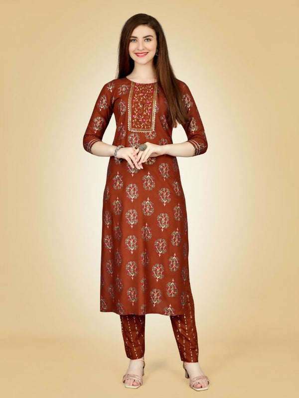 Jyoti Fashion Women's Rust Viscose Rayon Embroidered Kurta Pant Set - Distacart