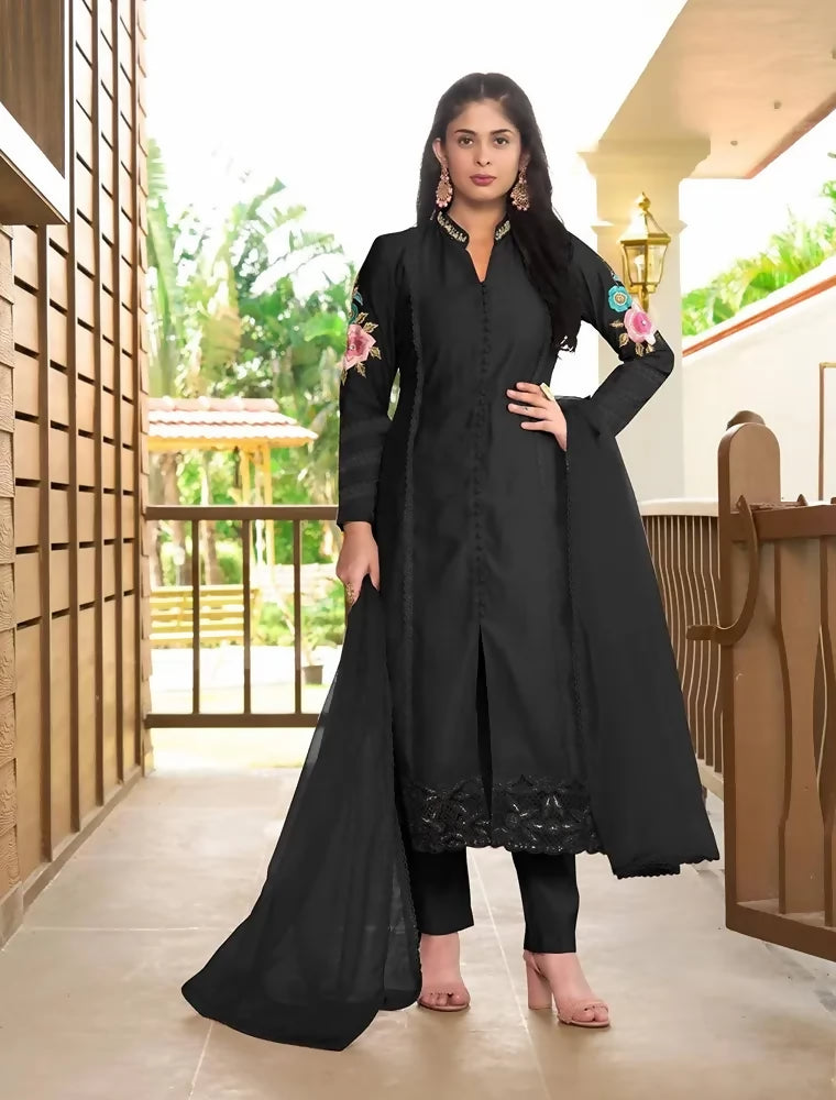 Nikhaar Black Embroidered Art Silk Straight Cut Readymade Pakistani Suit