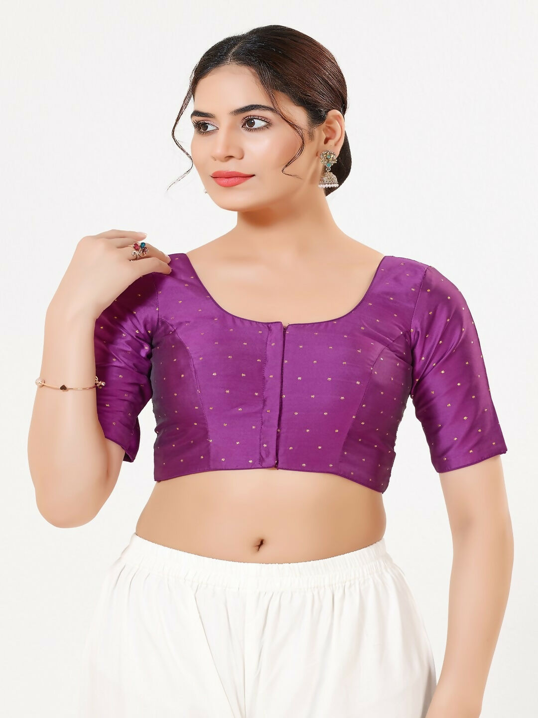 Joban Fashion 2T Purple Taffeta Silk Elbow Sleeveless Front Open Blouse