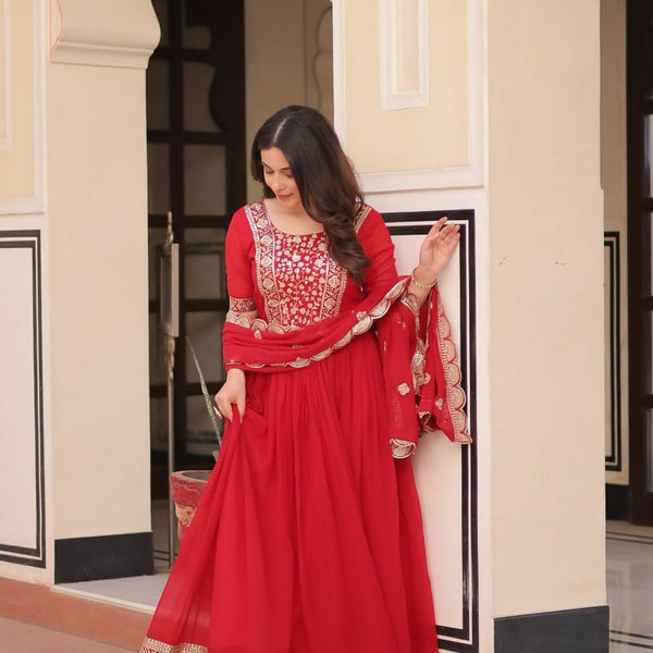 Teeya Creation Red Color Faux Georgette Embroidery Work Wedding Wear Long Gown - Distacart