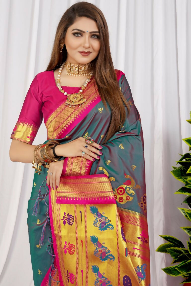 Jyoti Fashion Women's Grey Paithani Silk Zari Woven Saree with Blouse - Distacart