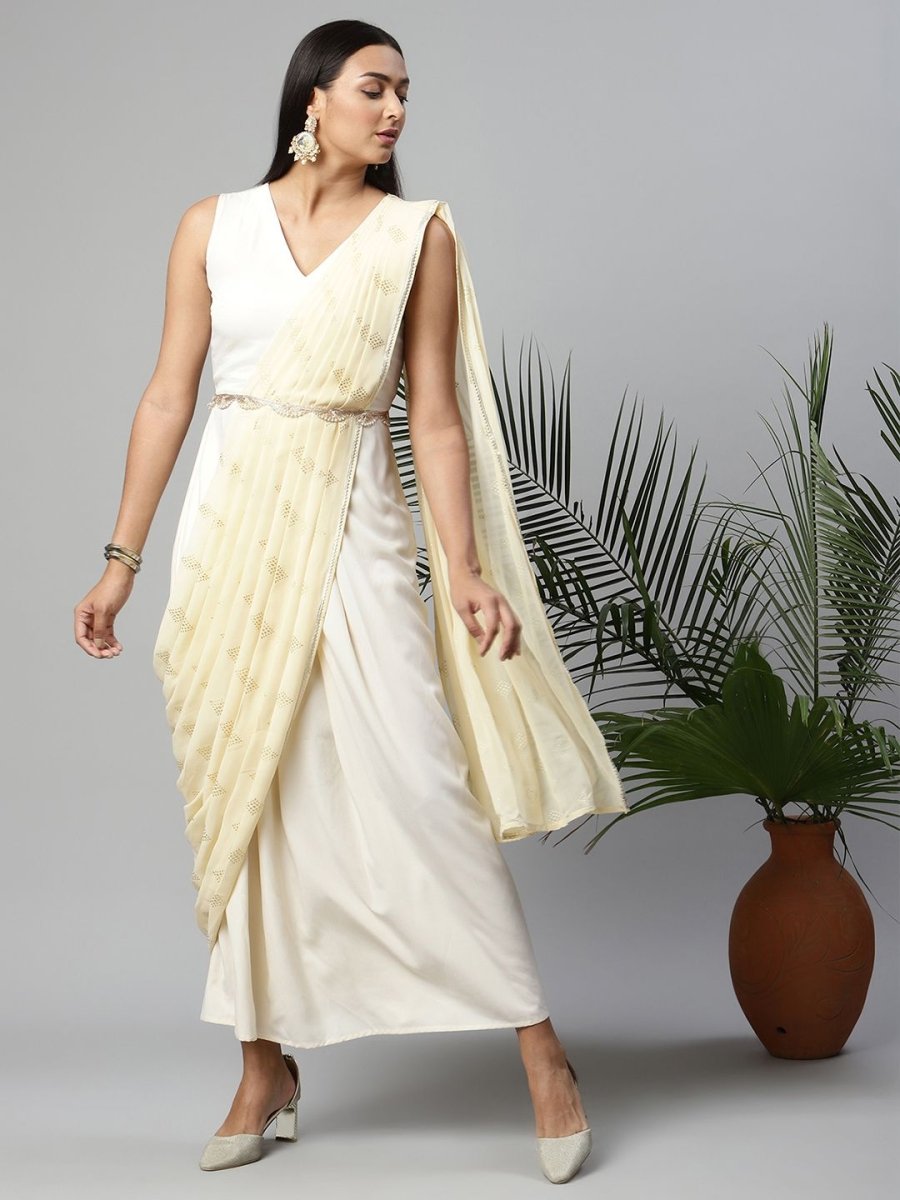 Ahalyaa Women Off White Crepe Georgette Saree Dress With Printed Pallu - Distacart