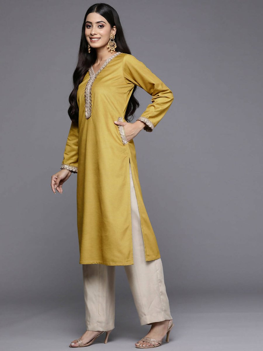 Ahalyaa Women Mustard Yellow & Golden Ethnic Motifs Yoke Design Velvet Kurta - Distacart