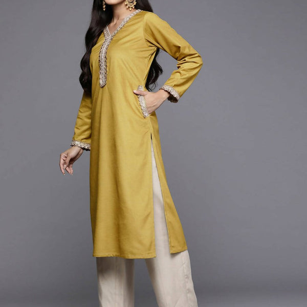 Ahalyaa Women Mustard Yellow & Golden Ethnic Motifs Yoke Design Velvet Kurta - Distacart