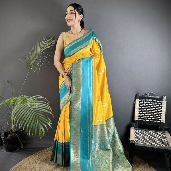 Joban Fashion Yellow Banarasi Soft Silk Woven Saree