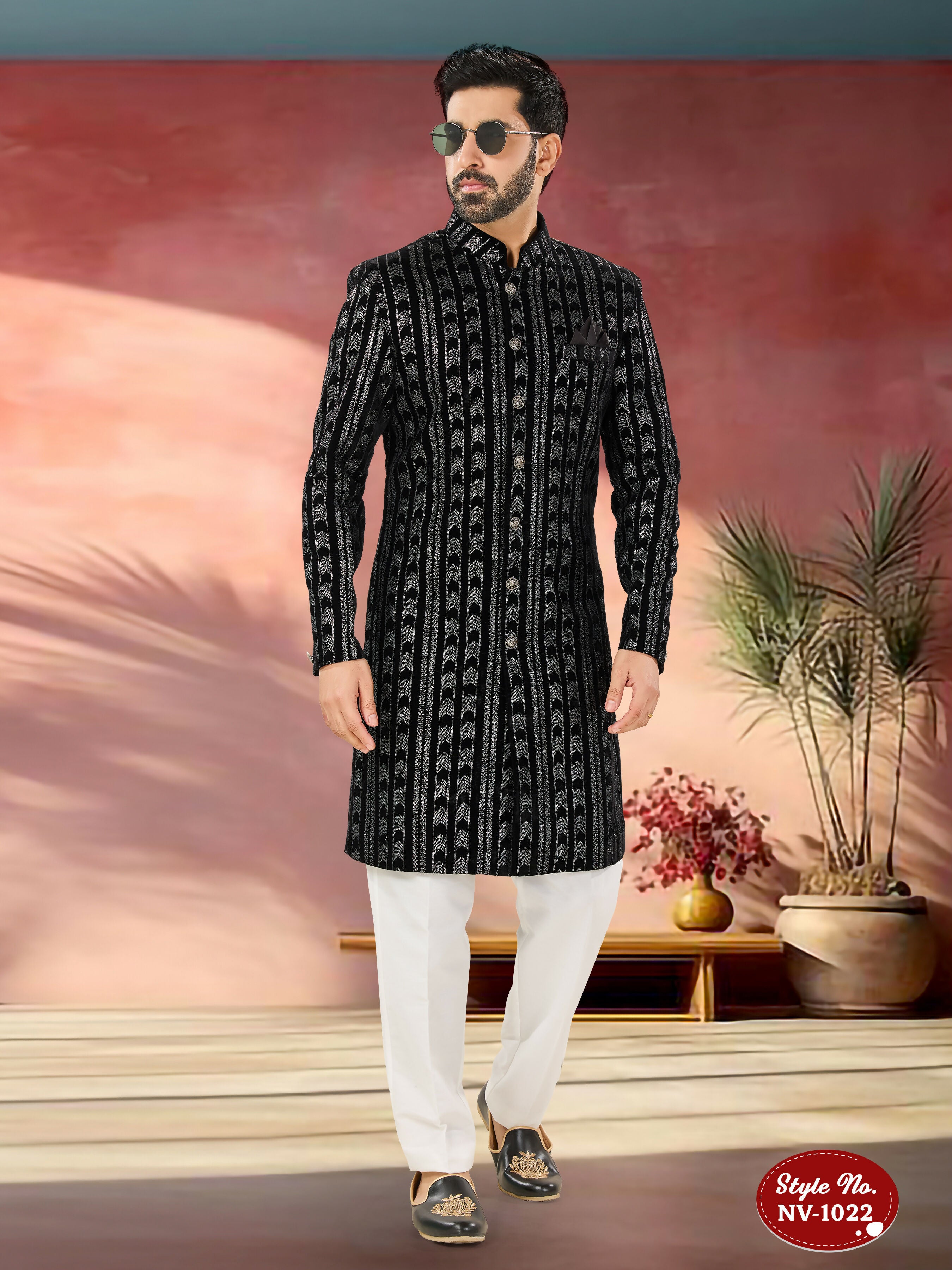Joban Fashion Men's Black Base Straight Velvet Thread And Sequence Embroidary All Over Indo-Western Kurta Set - Distacart
