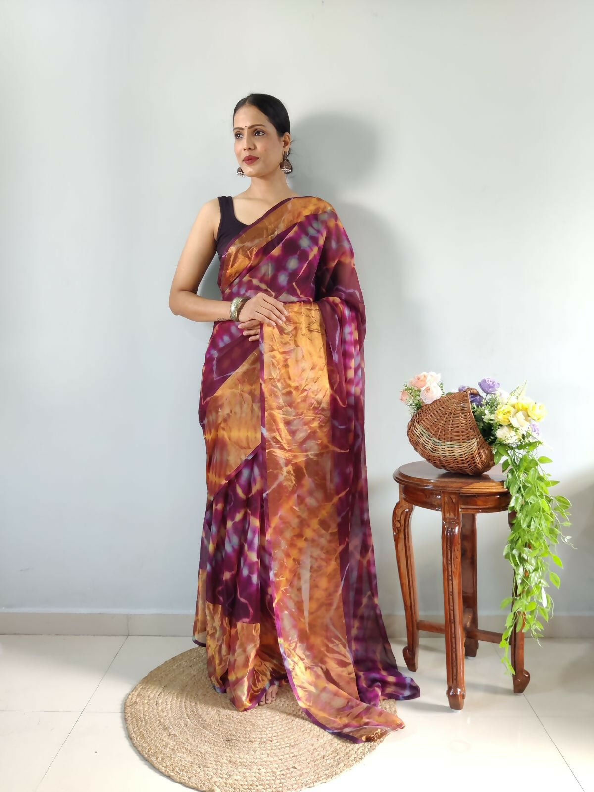 Malishka Chiffon Printed Ready To Wear Saree With Blouse Piece - Wine - Distacart