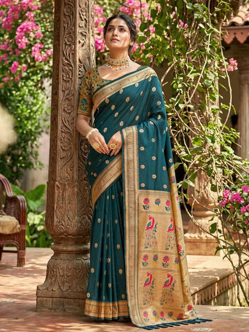 Shree Shyam Fashion Teal Soft Silk Saree - Dista