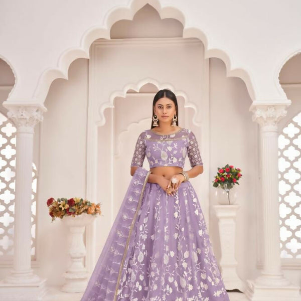 Aastha Fashion Lavender Butterfly Net White Cotton Thread Work, Zari Work And Sandwich Sequence Work Embroidery Wedding Wear Lehenga Choli - Distacart