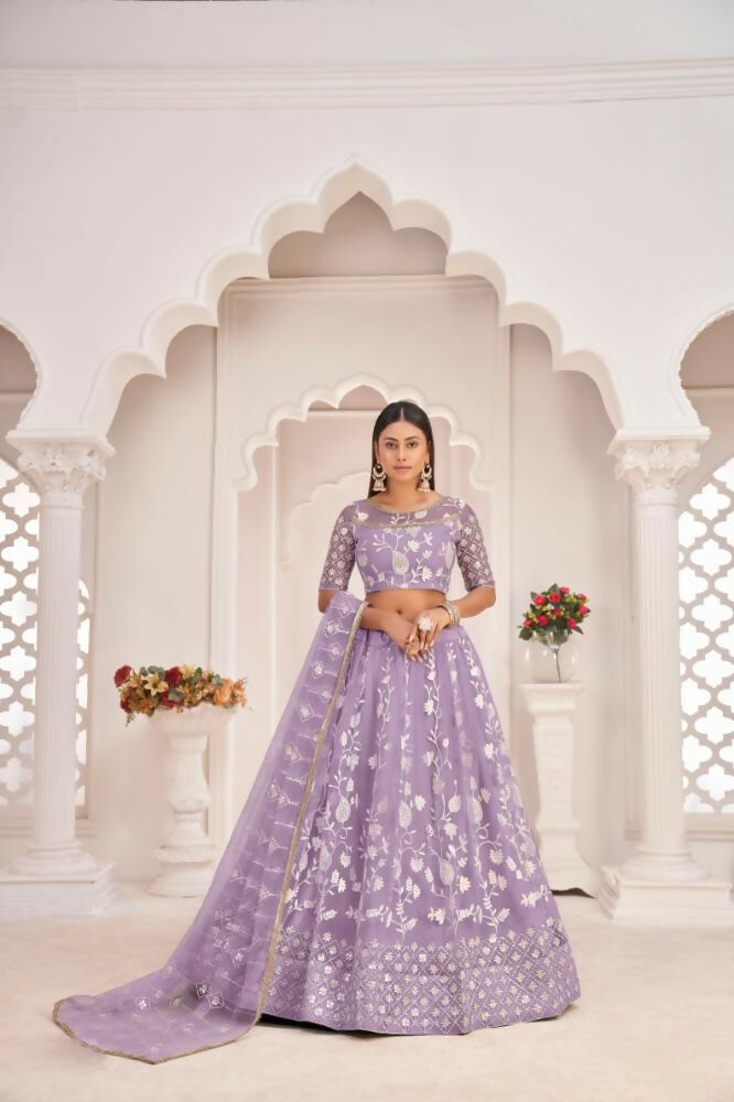 Aastha Fashion Lavender Butterfly Net White Cotton Thread Work, Zari Work And Sandwich Sequence Work Embroidery Wedding Wear Lehenga Choli - Distacart