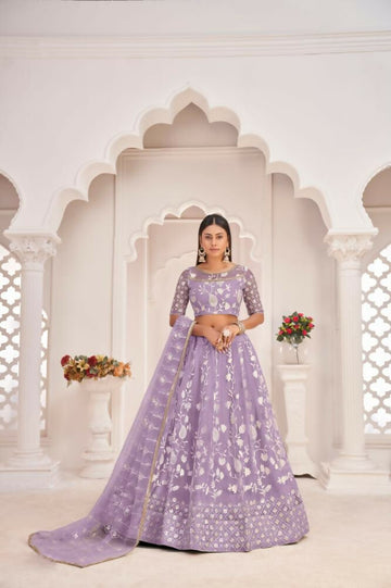 Aastha Fashion Lavender Butterfly Net White Cotton Thread Work, Zari Work And Sandwich Sequence Work Embroidery Wedding Wear Lehenga Choli - Distacart