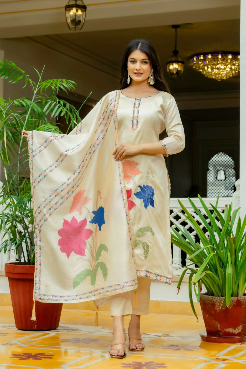 Preksha Creation Off-White Viscose Assam Silk Embroidered Beads Kurta Set With Dupatta And Pant